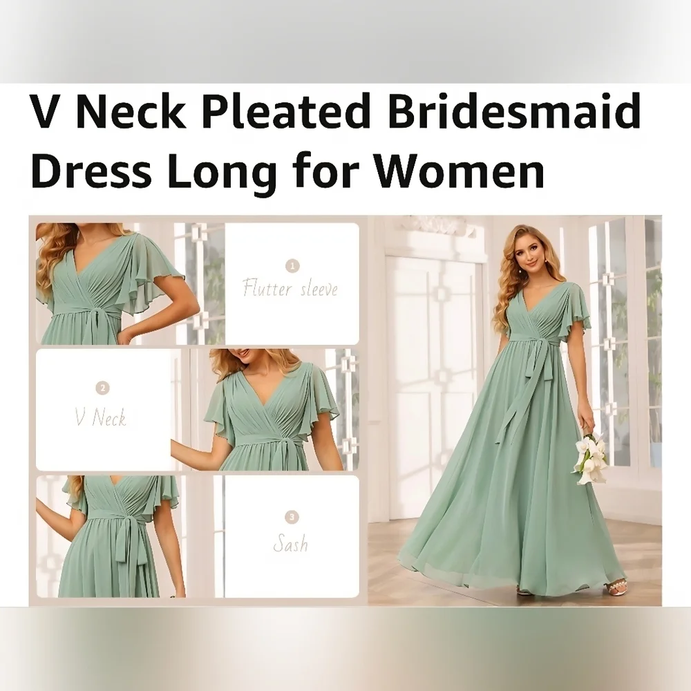 Raseal Flutter Sleeve Chiffon Bridesmaid Dress with Pockets In CORAL #1013 - Picture 6 of 7